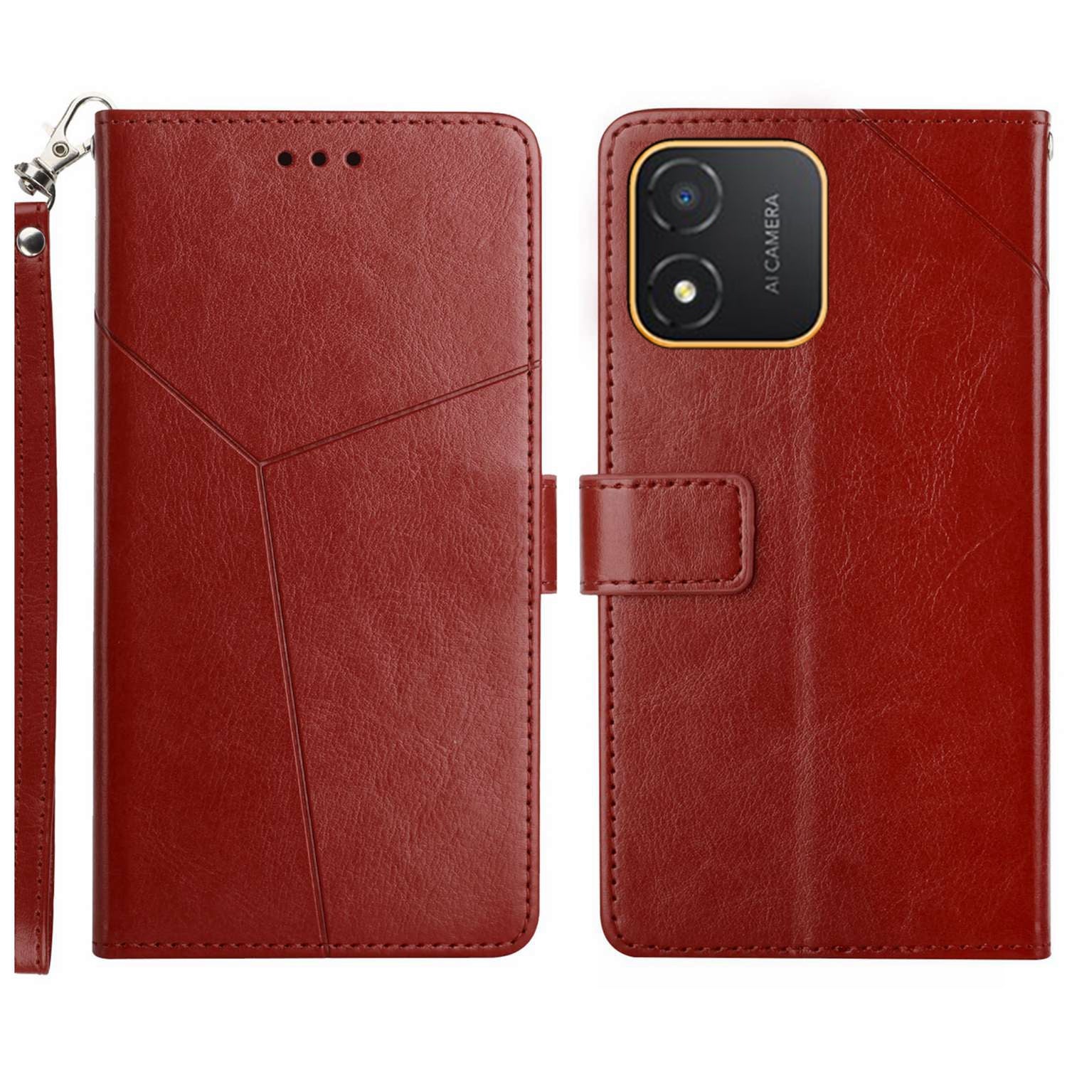 HT01 PU Leather Phone Case for Honor X5 4G , Y-shaped Line Imprinted Flip Stand Wallet Cover