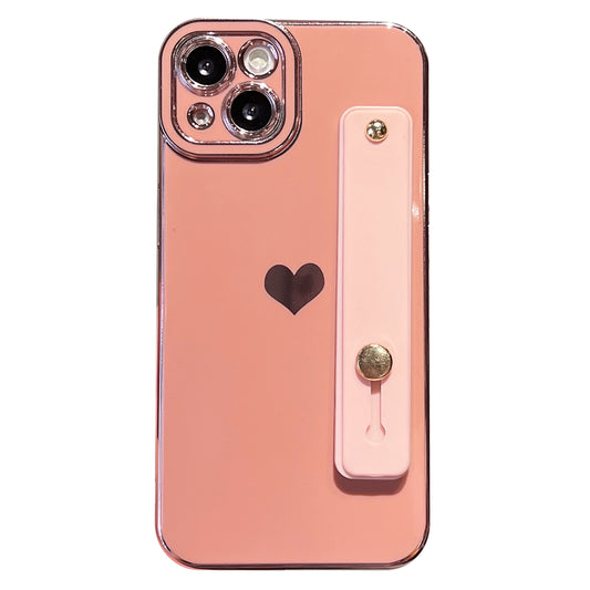 For iPhone 14 Heart Pattern Electroplating Phone Case TPU Anti-drop Cover with Kickstand Strap
