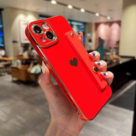 For iPhone 14 Heart Pattern Electroplating Phone Case TPU Anti-drop Cover with Kickstand Strap