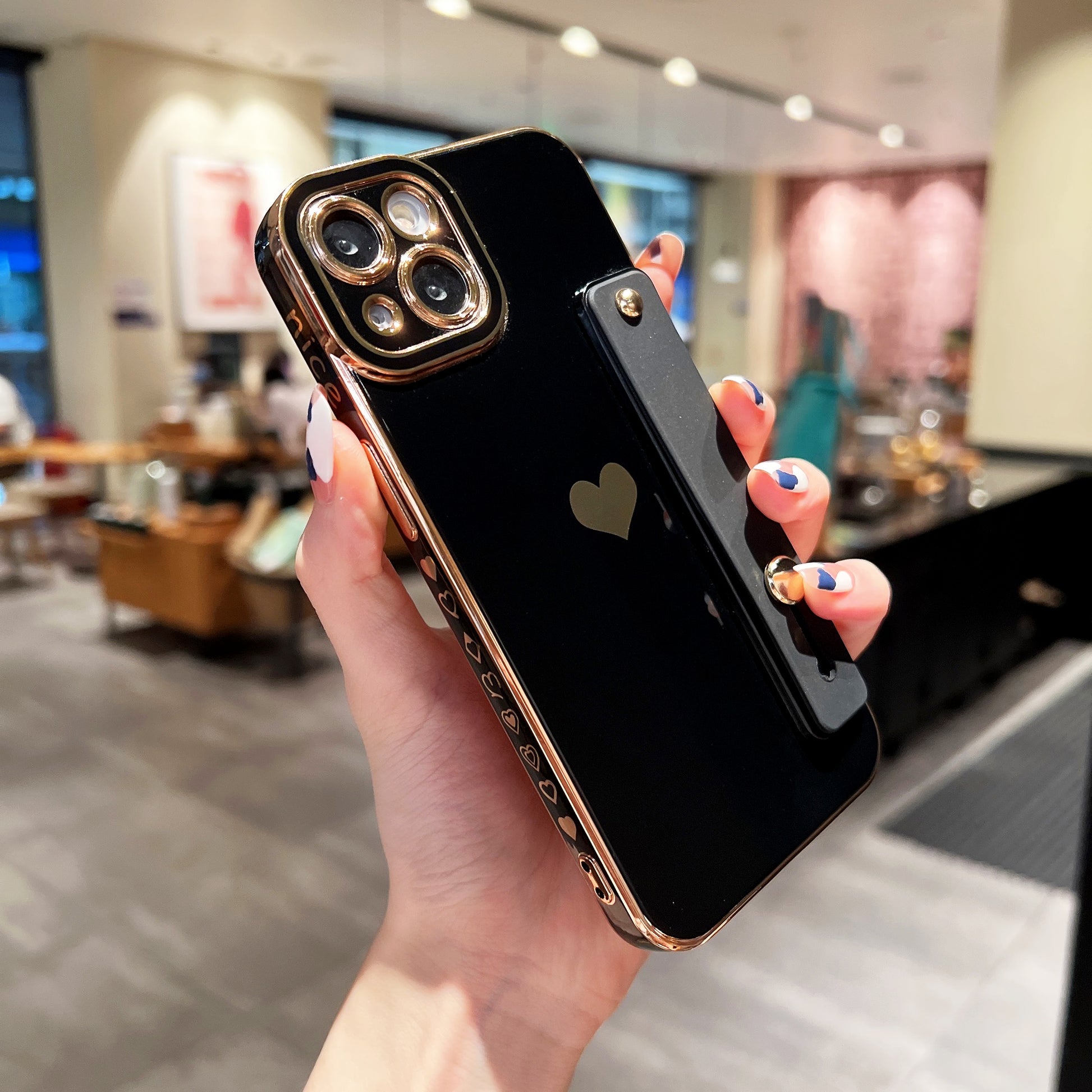 For iPhone 14 Heart Pattern Electroplating Phone Case TPU Anti-drop Cover with Kickstand Strap