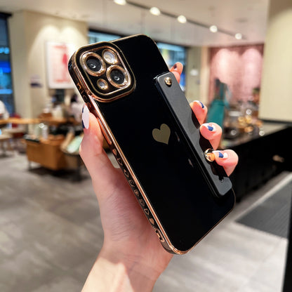 For iPhone 14 Heart Pattern Electroplating Phone Case TPU Anti-drop Cover with Kickstand Strap