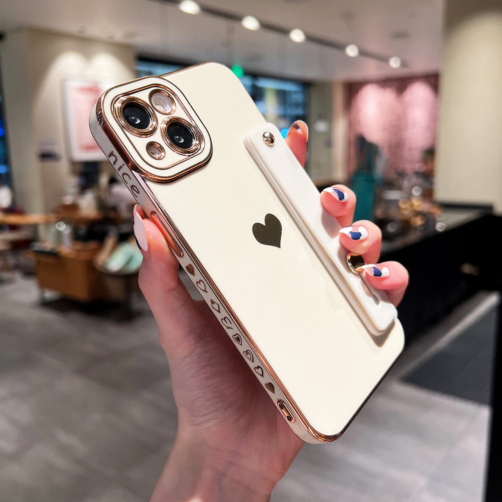 For iPhone 14 Heart Pattern Electroplating Phone Case TPU Anti-drop Cover with Kickstand Strap