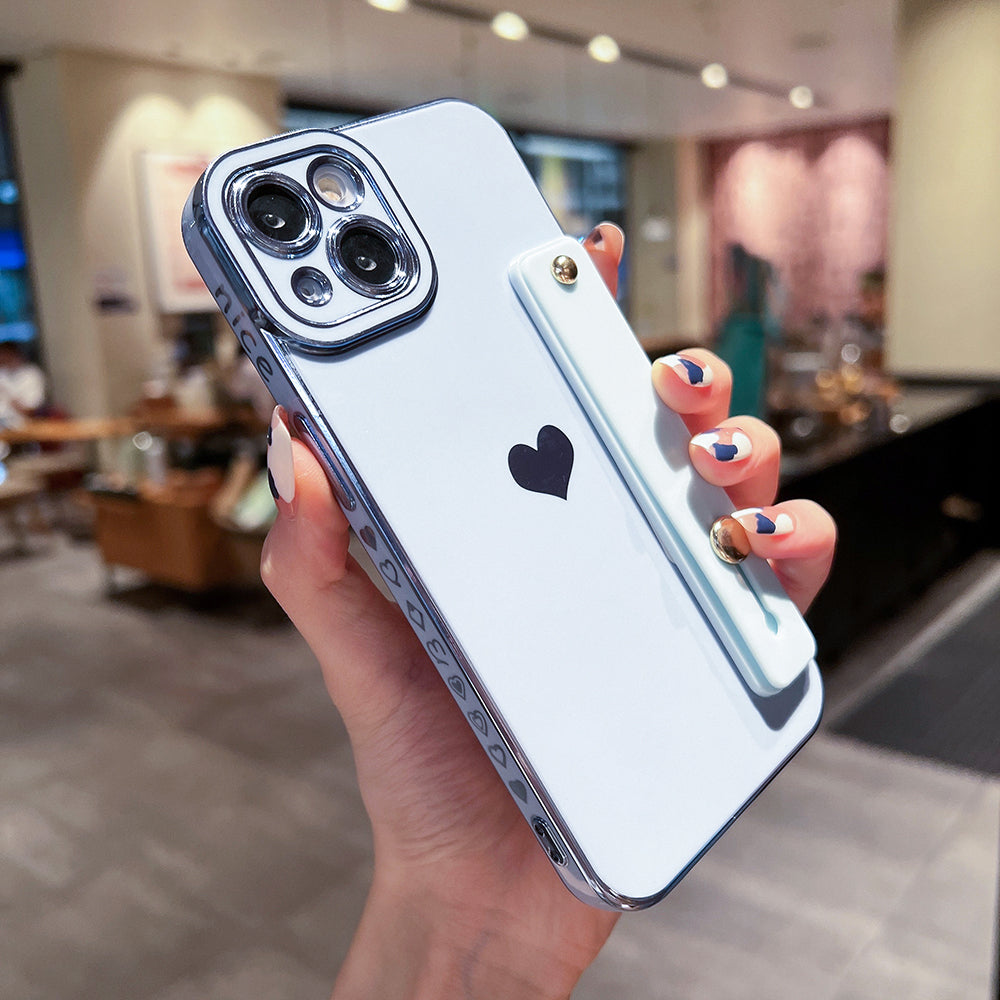 For iPhone 14 Heart Pattern Electroplating Phone Case TPU Anti-drop Cover with Kickstand Strap