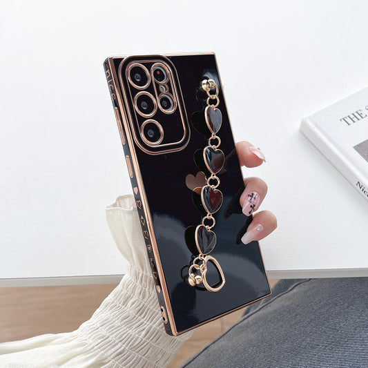 For Samsung Galaxy S23 Ultra Plating Soft TPU Case Protective Phone Cover with Chain Bracelet Strap