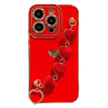For iPhone 14 Pro Max Electroplating Phone Case Soft TPU Back Cover with Plush Love-Heart Strap