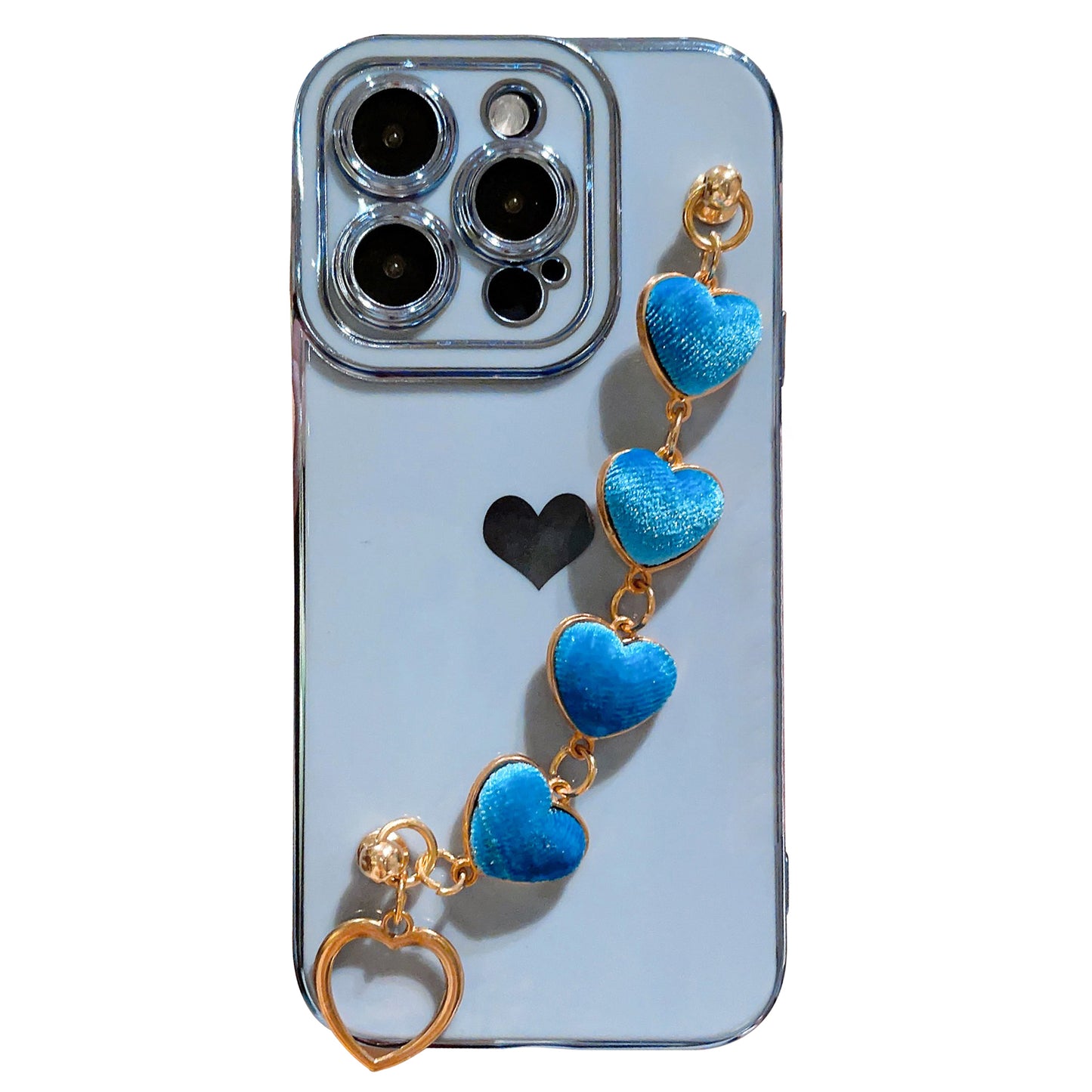For iPhone 14 Pro Max Electroplating Phone Case Soft TPU Back Cover with Plush Love-Heart Strap
