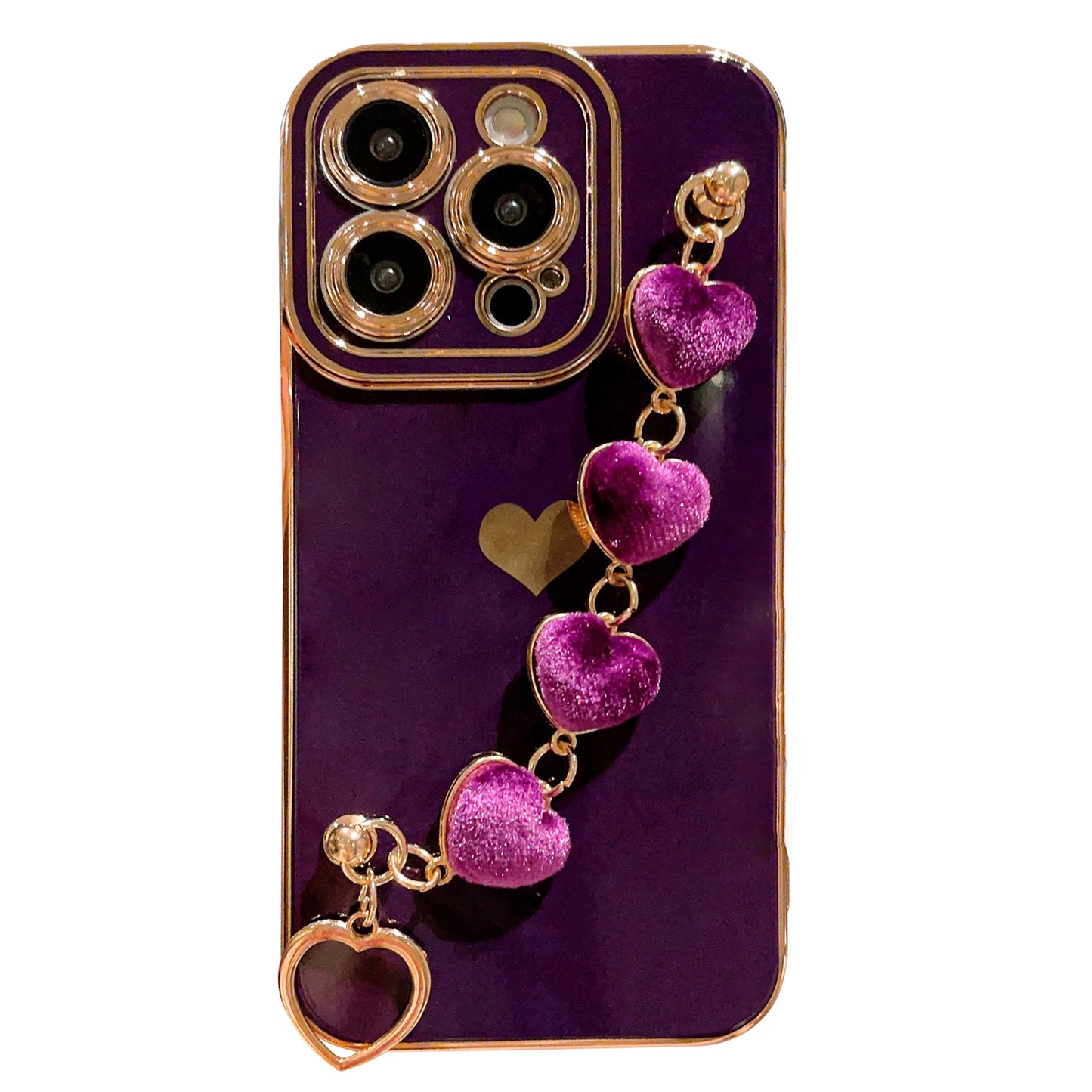 For iPhone 14 Pro Max Electroplating Phone Case Soft TPU Back Cover with Plush Love-Heart Strap