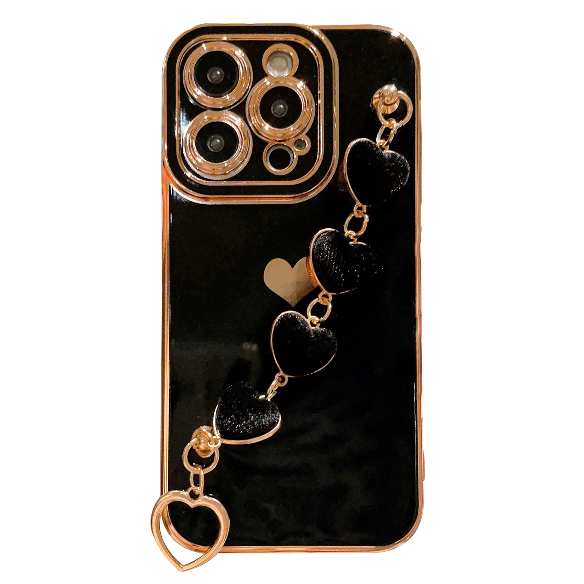 For iPhone 14 Pro Max Electroplating Phone Case Soft TPU Back Cover with Plush Love-Heart Strap
