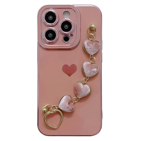 For iPhone 14 Pro Phone Case Electroplating TPU Phone Cover with Plush Love-Heart Strap