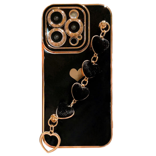 For iPhone 14 Pro Phone Case Electroplating TPU Phone Cover with Plush Love-Heart Strap