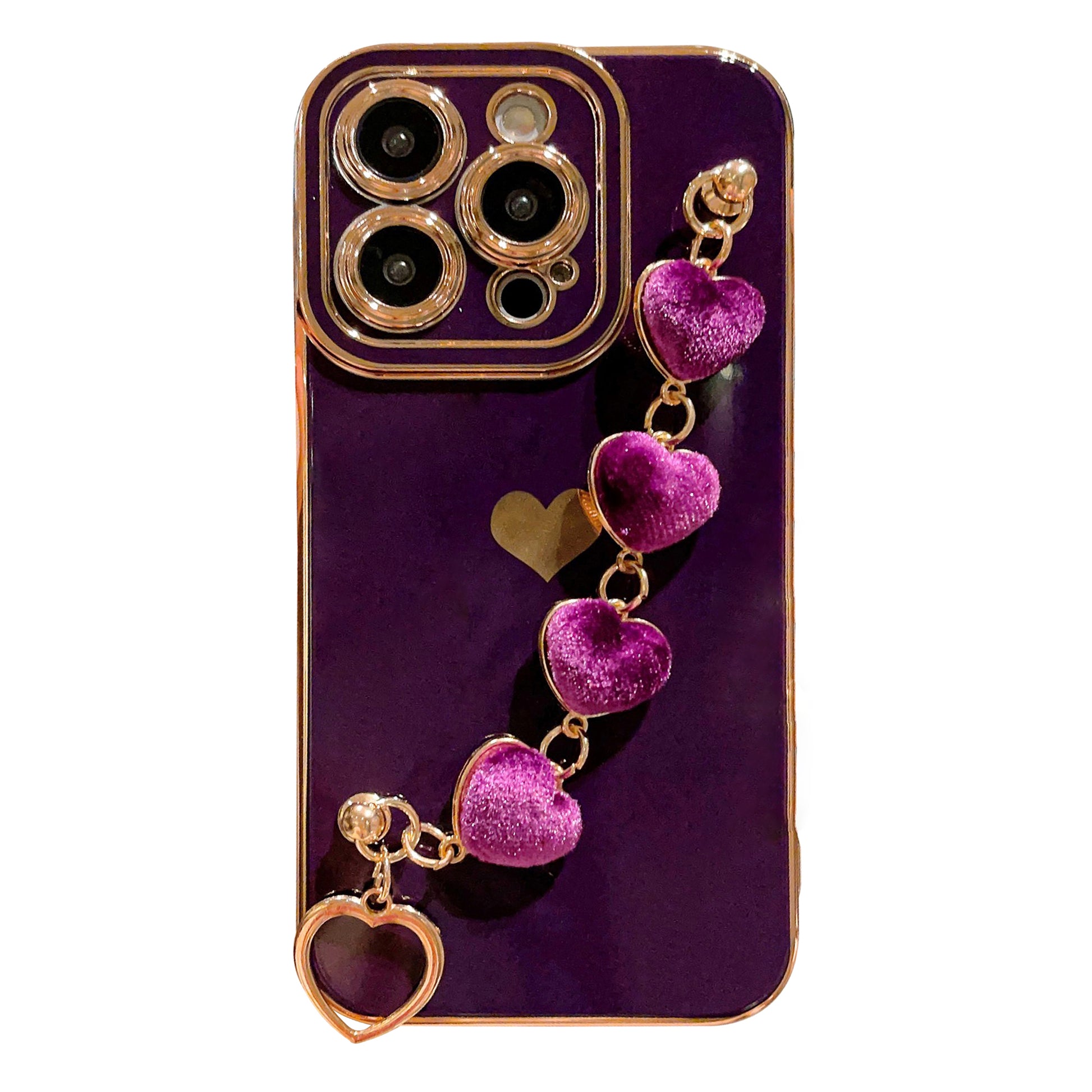 For iPhone 14 Pro Phone Case Electroplating TPU Phone Cover with Plush Love-Heart Strap