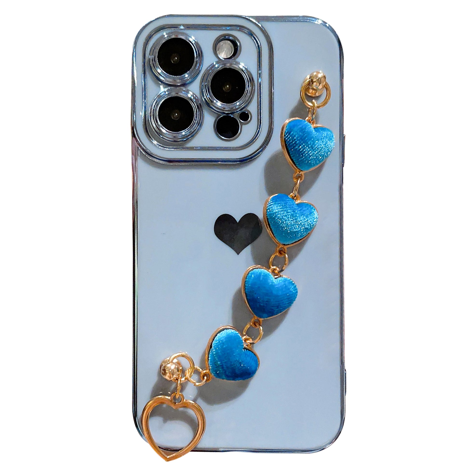 For iPhone 14 Pro Phone Case Electroplating TPU Phone Cover with Plush Love-Heart Strap