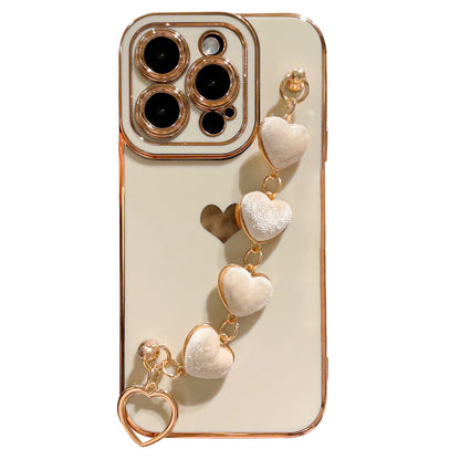 For iPhone 14 Pro Phone Case Electroplating TPU Phone Cover with Plush Love-Heart Strap