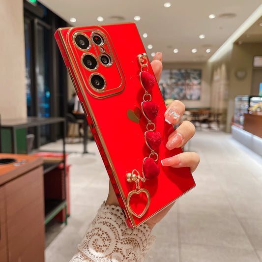 For Samsung Galaxy S23 Ultra Phone TPU Case Electroplating Phone Cover with Plush Love-Heart Strap