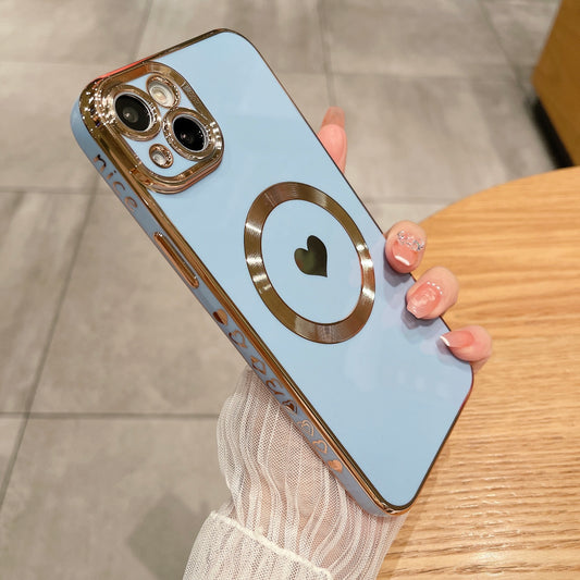 For iPhone 14 Magnetic Phone Case 6D Electroplating Love Heart Phone TPU Cover Compatible with MagSafe