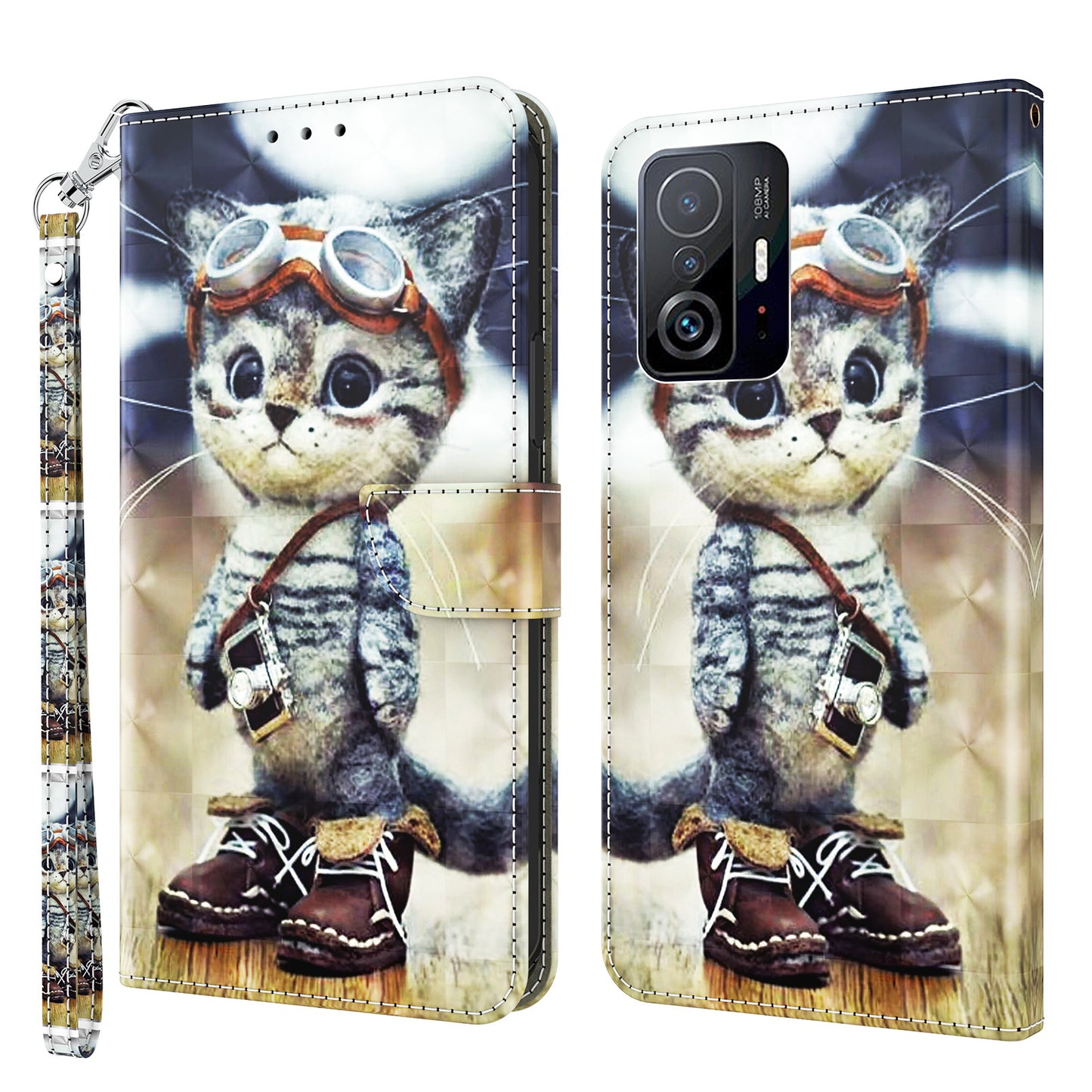 For Xiaomi 11T Pro 5G / 11T 5G PU Leather 3D Pattern Printing Phone Case Anti-fall Stand Wallet Cover with Strap