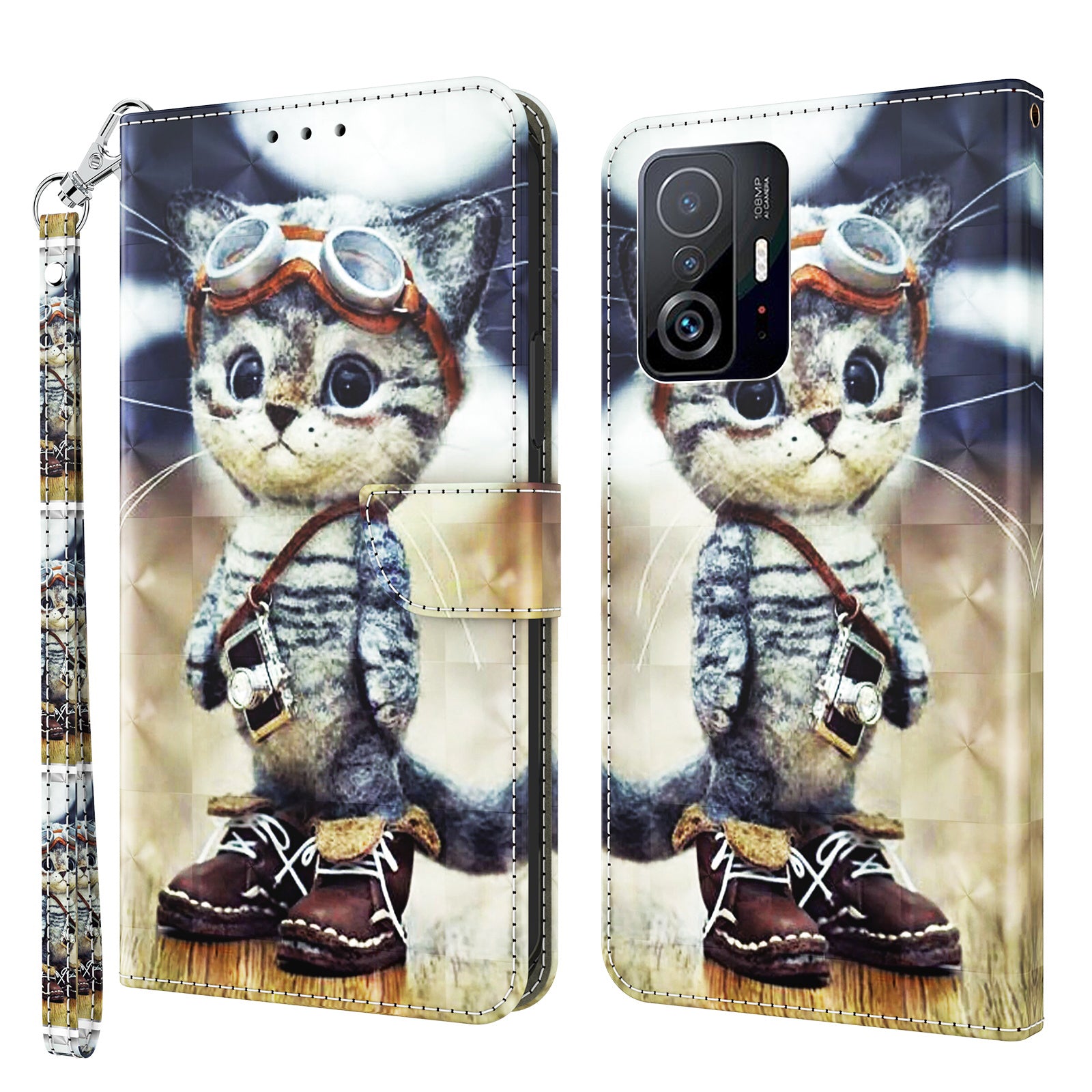 For Xiaomi 11T Pro 5G / 11T 5G PU Leather 3D Pattern Printing Phone Case Anti-fall Stand Wallet Cover with Strap
