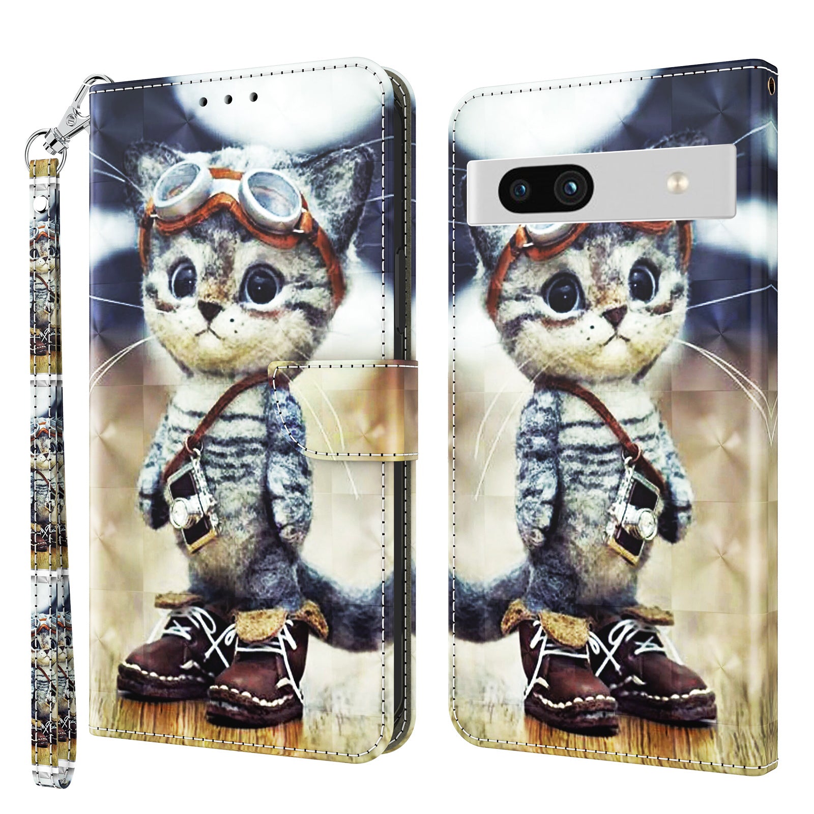 For Google Pixel 7a PU Leather Stand Wallet Shockproof Cover 3D Pattern Printing Phone Case