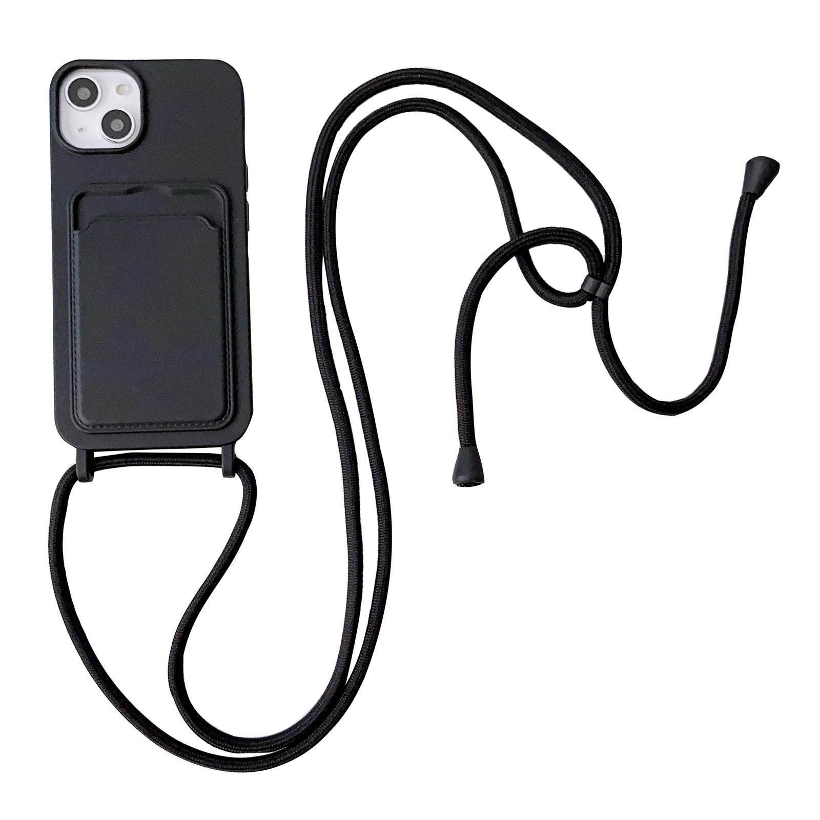 For iPhone 14 Plus Liquid Silicone Phone Case Card Holder Slim Fit Cover with Strap