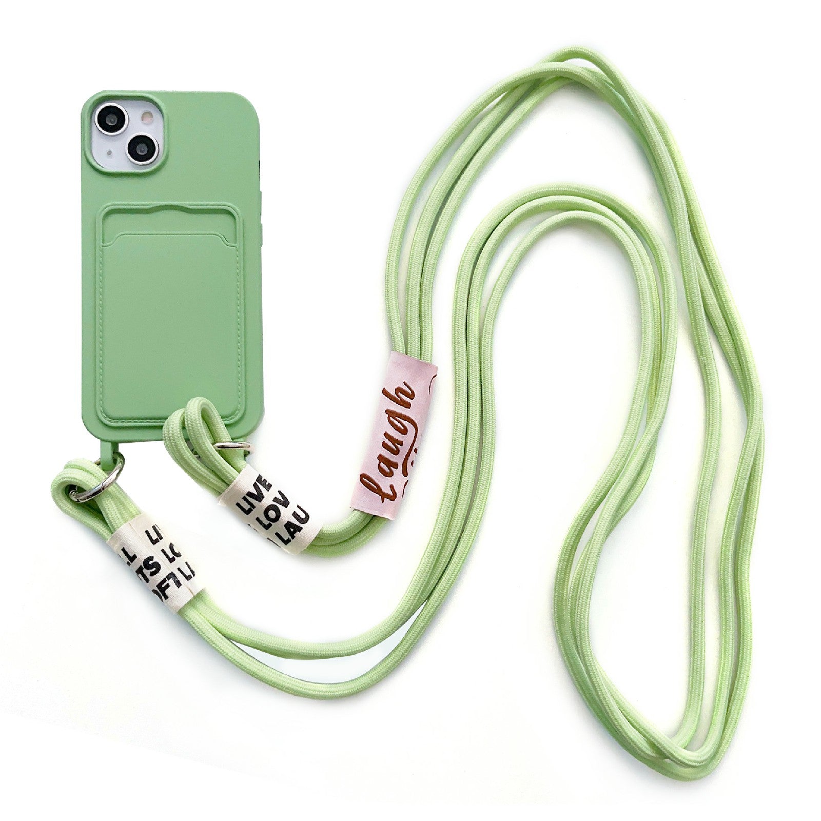 For iPhone 13 6.1 inch Liquid Silicone Card Slot Phone Case Anti-Scratch Shockproof Cover with Long Strap