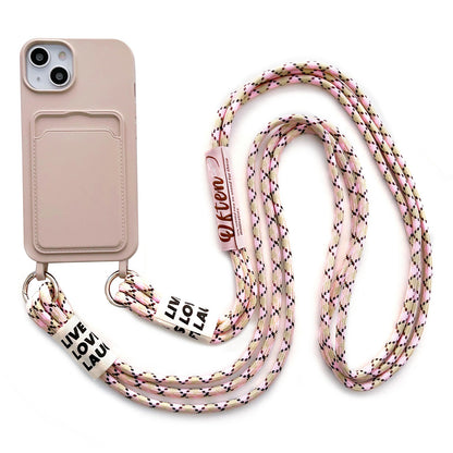 For iPhone 13 6.1 inch Liquid Silicone Card Slot Phone Case Anti-Scratch Shockproof Cover with Long Strap