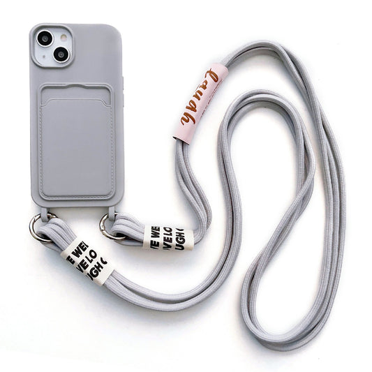 For iPhone 14 Soft Liquid Silicone Phone Case Card Slot Slim Protective Back Cover with Lanyard Strap