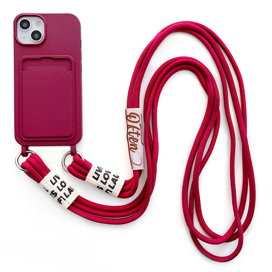 For iPhone 14 Soft Liquid Silicone Phone Case Card Slot Slim Protective Back Cover with Lanyard Strap