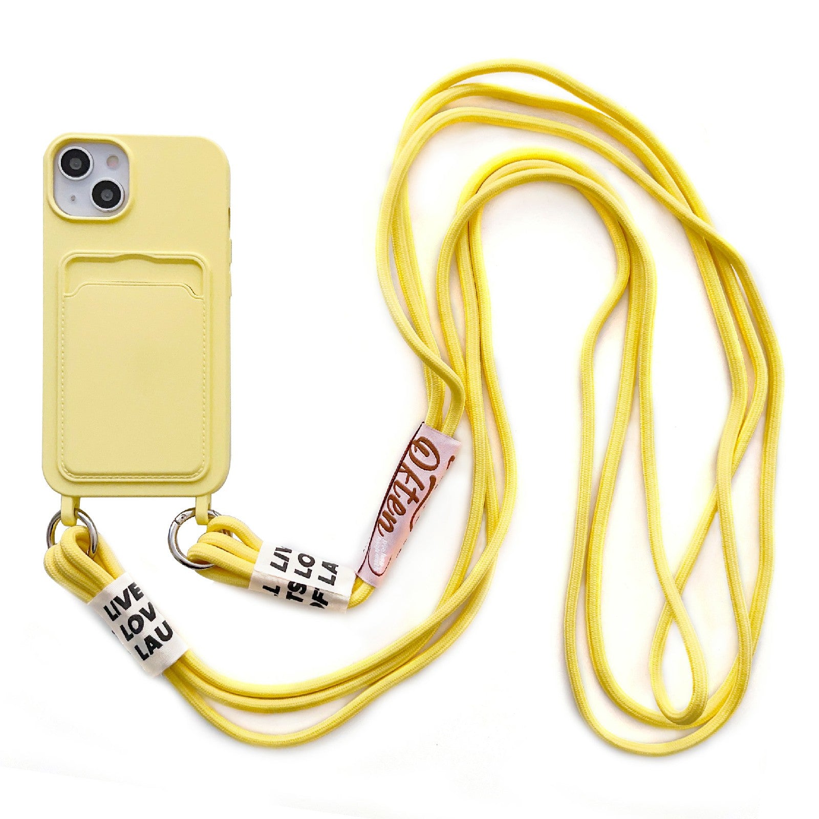 For iPhone 14 Soft Liquid Silicone Phone Case Card Slot Slim Protective Back Cover with Lanyard Strap