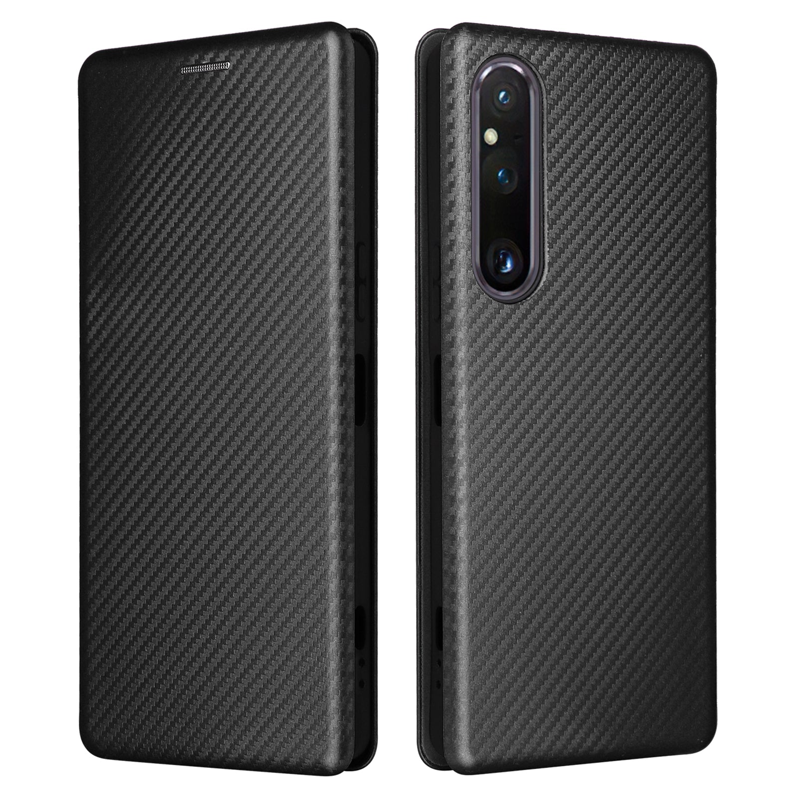 For Sony Xperia 1 V Stand PU Leather Phone Case Carbon Fiber Texture Card Holder Phone Cover