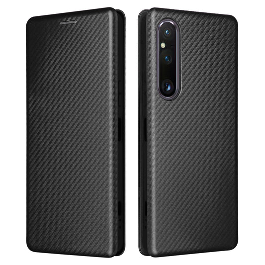 For Sony Xperia 1 V Stand PU Leather Phone Case Carbon Fiber Texture Card Holder Phone Cover