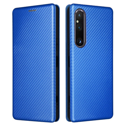For Sony Xperia 1 V Stand PU Leather Phone Case Carbon Fiber Texture Card Holder Phone Cover