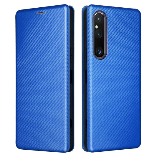 For Sony Xperia 1 V Stand PU Leather Phone Case Carbon Fiber Texture Card Holder Phone Cover