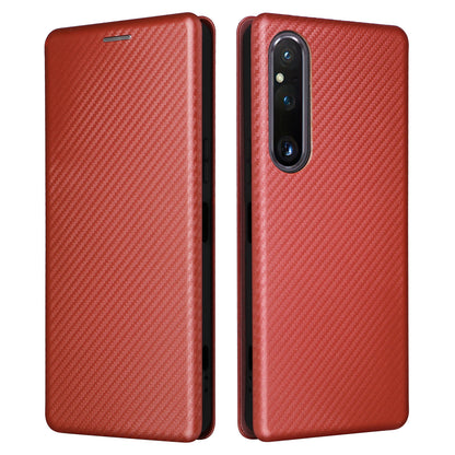 For Sony Xperia 1 V Stand PU Leather Phone Case Carbon Fiber Texture Card Holder Phone Cover