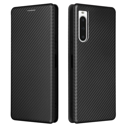For Sony Xperia 10 V Leather Phone Cover Carbon Fiber Texture Stand Phone Case with Card Holder