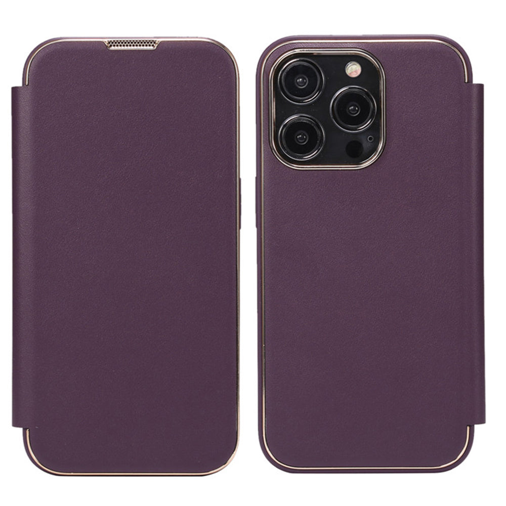 Electroplating Phone Cover for iPhone 14 Pro , Anti-Dust PU Leather+PC+TPU Phone Stand Case Shell