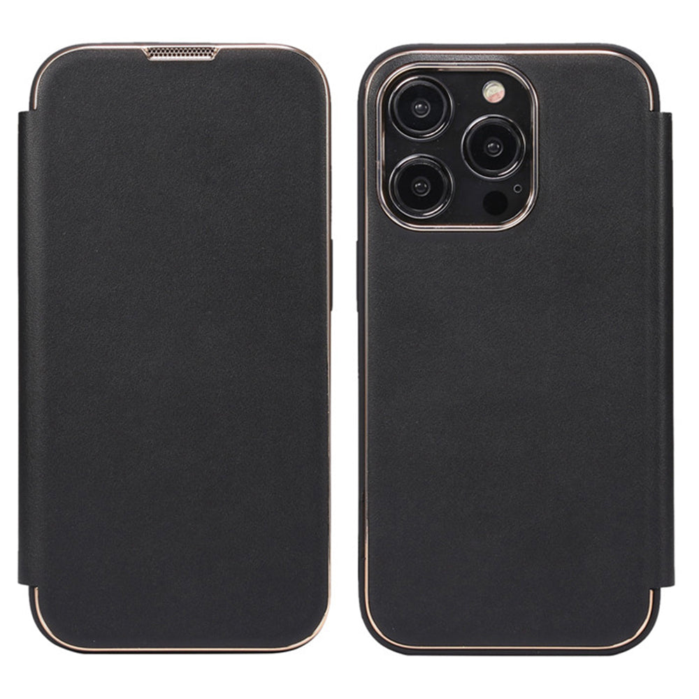 Electroplating Phone Cover for iPhone 14 Pro , Anti-Dust PU Leather+PC+TPU Phone Stand Case Shell