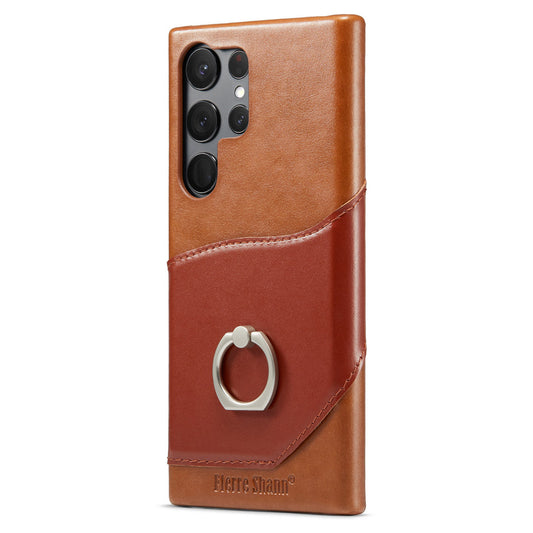 FIERRE SHANN For Samsung Galaxy S23 Ultra Kickstand Phone Case Genuine Leather Coated PC Card Slot Cover