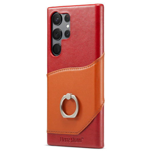 FIERRE SHANN For Samsung Galaxy S23 Ultra Kickstand Phone Case Genuine Leather Coated PC Card Slot Cover