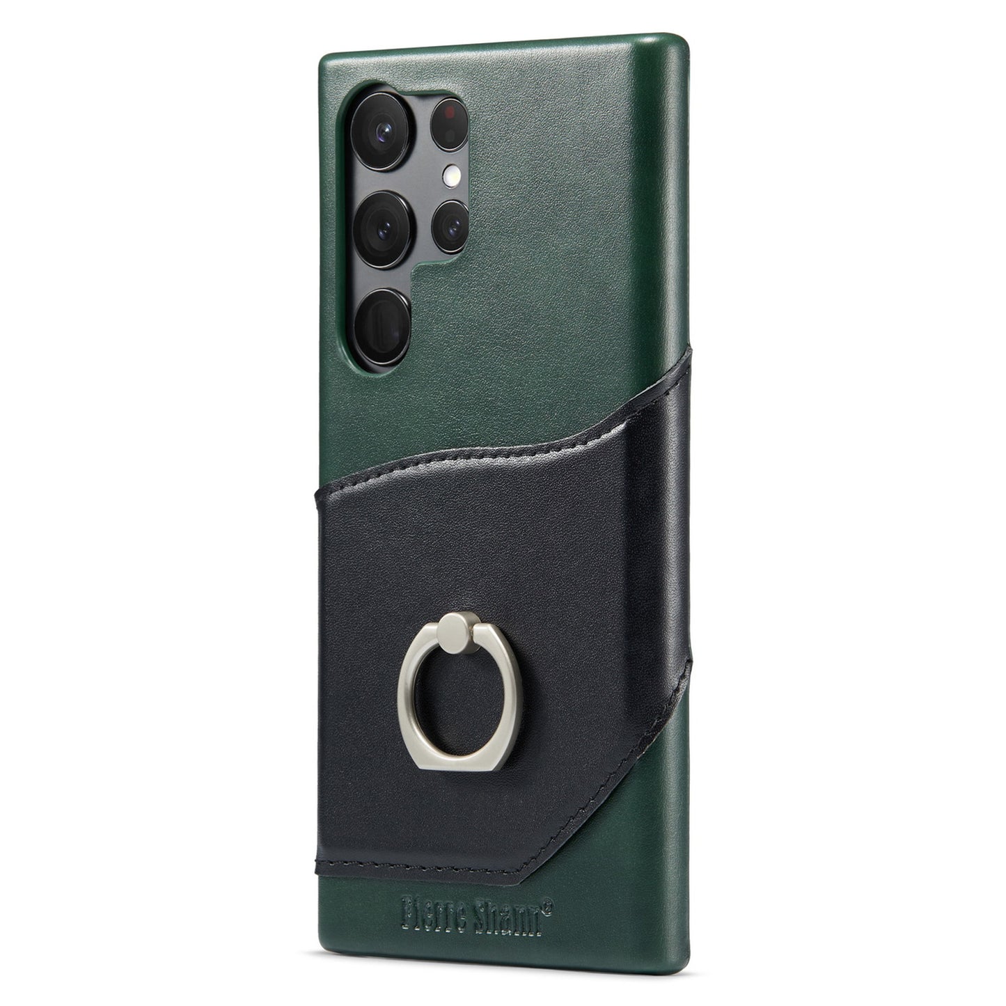 FIERRE SHANN For Samsung Galaxy S23 Ultra Kickstand Phone Case Genuine Leather Coated PC Card Slot Cover