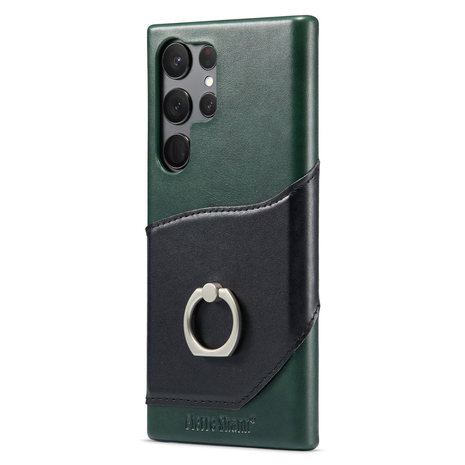 FIERRE SHANN For Samsung Galaxy S23 Ultra Kickstand Phone Case Genuine Leather Coated PC Card Slot Cover