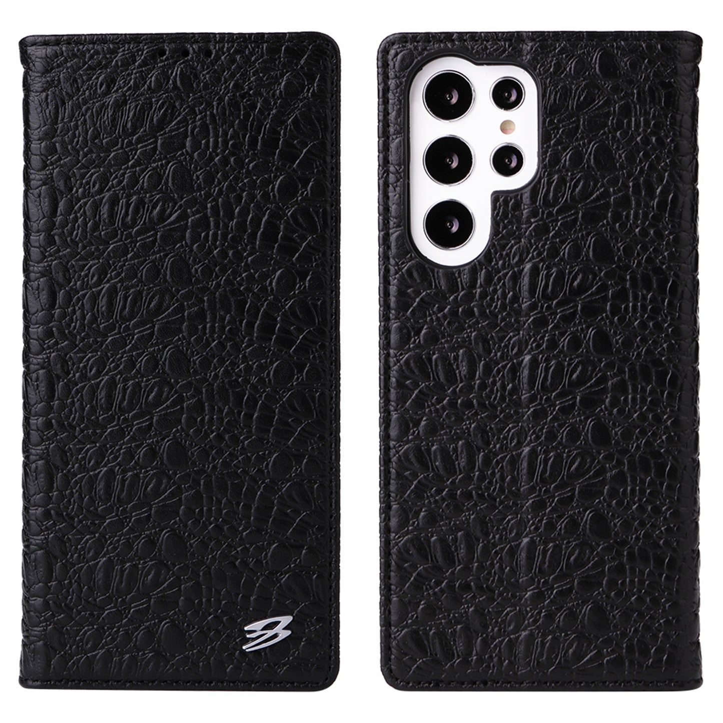 FIERRE SHANN for Samsung Galaxy S23 Ultra Wallet Stand Phone Case Crocodile Texture Genuine Cow Leather Phone Cover