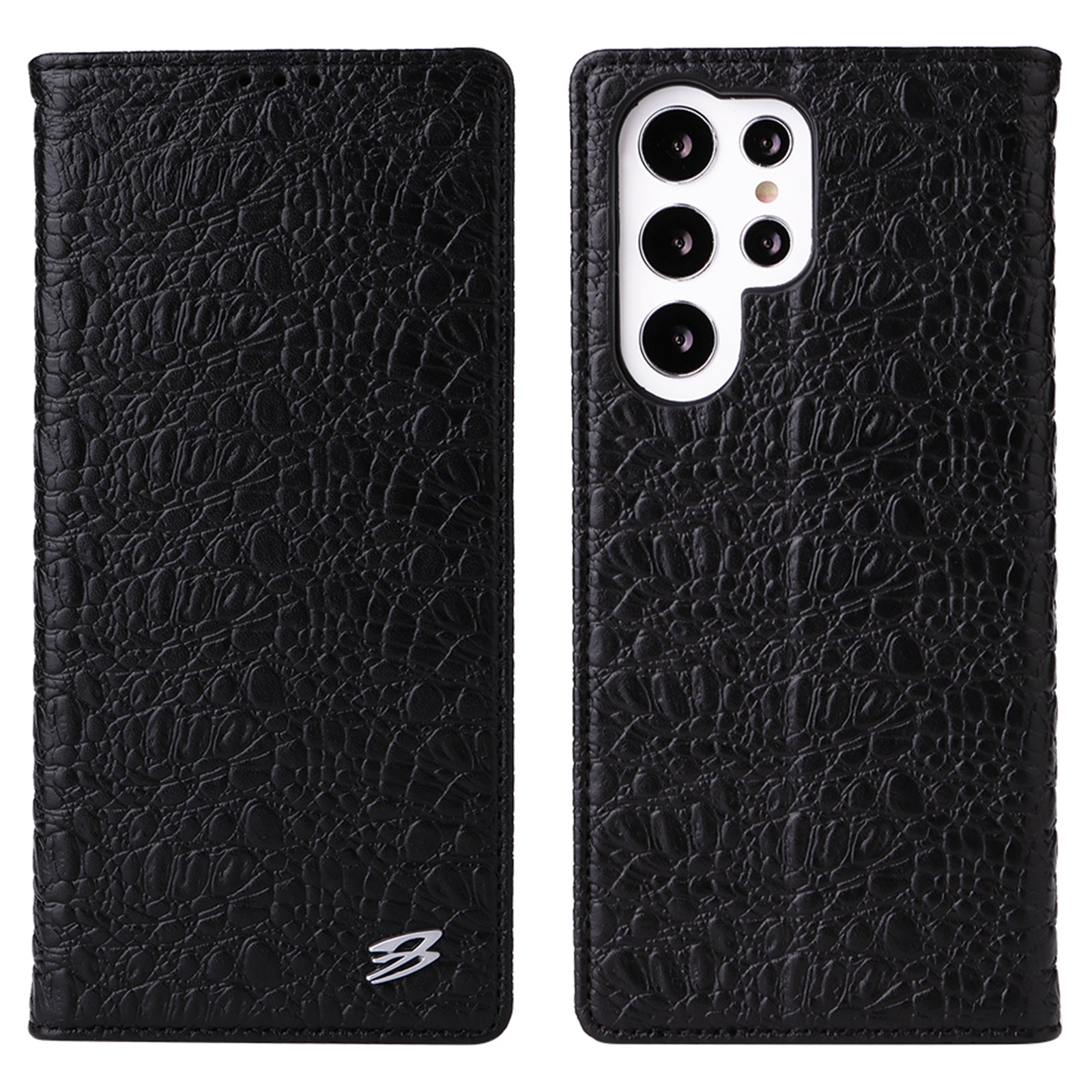 FIERRE SHANN for Samsung Galaxy S23 Ultra Wallet Stand Phone Case Crocodile Texture Genuine Cow Leather Phone Cover
