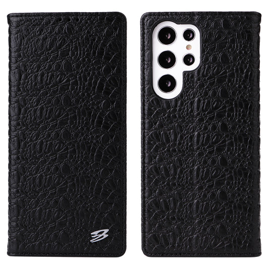 FIERRE SHANN for Samsung Galaxy S23 Ultra Wallet Stand Phone Case Crocodile Texture Genuine Cow Leather Phone Cover
