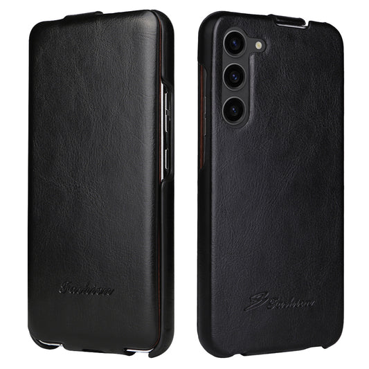 For Samsung Galaxy S23+ Crazy Horse Texture Phone Shell Vertical Flip Cover PU Leather+PC Phone Case
