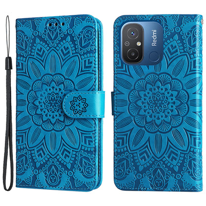For Xiaomi Redmi 12C 4G / 11A 4G Cell Phone Case Sunflower Imprinted Wallet Stand Phone Leather Cover with Strap