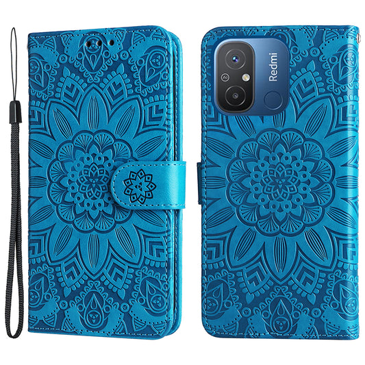 For Xiaomi Redmi 12C 4G / 11A 4G Cell Phone Case Sunflower Imprinted Wallet Stand Phone Leather Cover with Strap