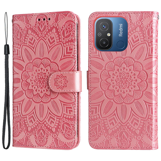 For Xiaomi Redmi 12C 4G / 11A 4G Cell Phone Case Sunflower Imprinted Wallet Stand Phone Leather Cover with Strap