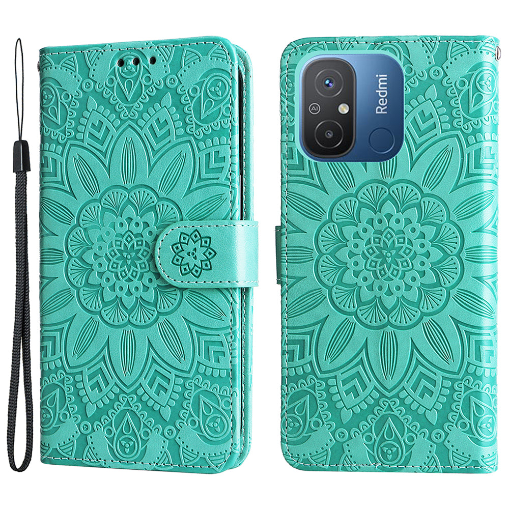 For Xiaomi Redmi 12C 4G / 11A 4G Cell Phone Case Sunflower Imprinted Wallet Stand Phone Leather Cover with Strap
