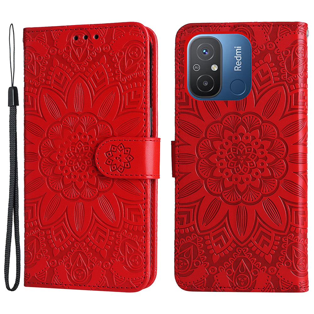 For Xiaomi Redmi 12C 4G / 11A 4G Cell Phone Case Sunflower Imprinted Wallet Stand Phone Leather Cover with Strap
