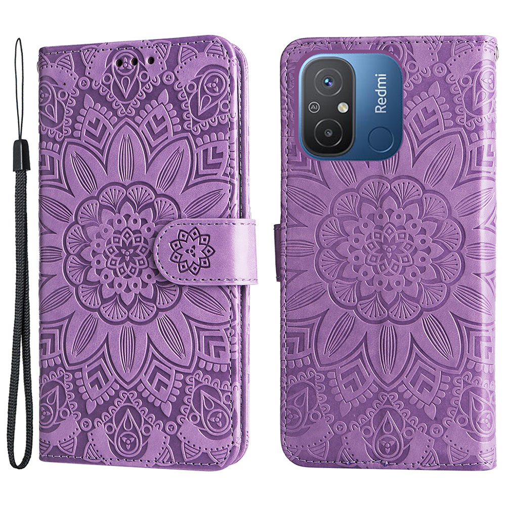 For Xiaomi Redmi 12C 4G / 11A 4G Cell Phone Case Sunflower Imprinted Wallet Stand Phone Leather Cover with Strap